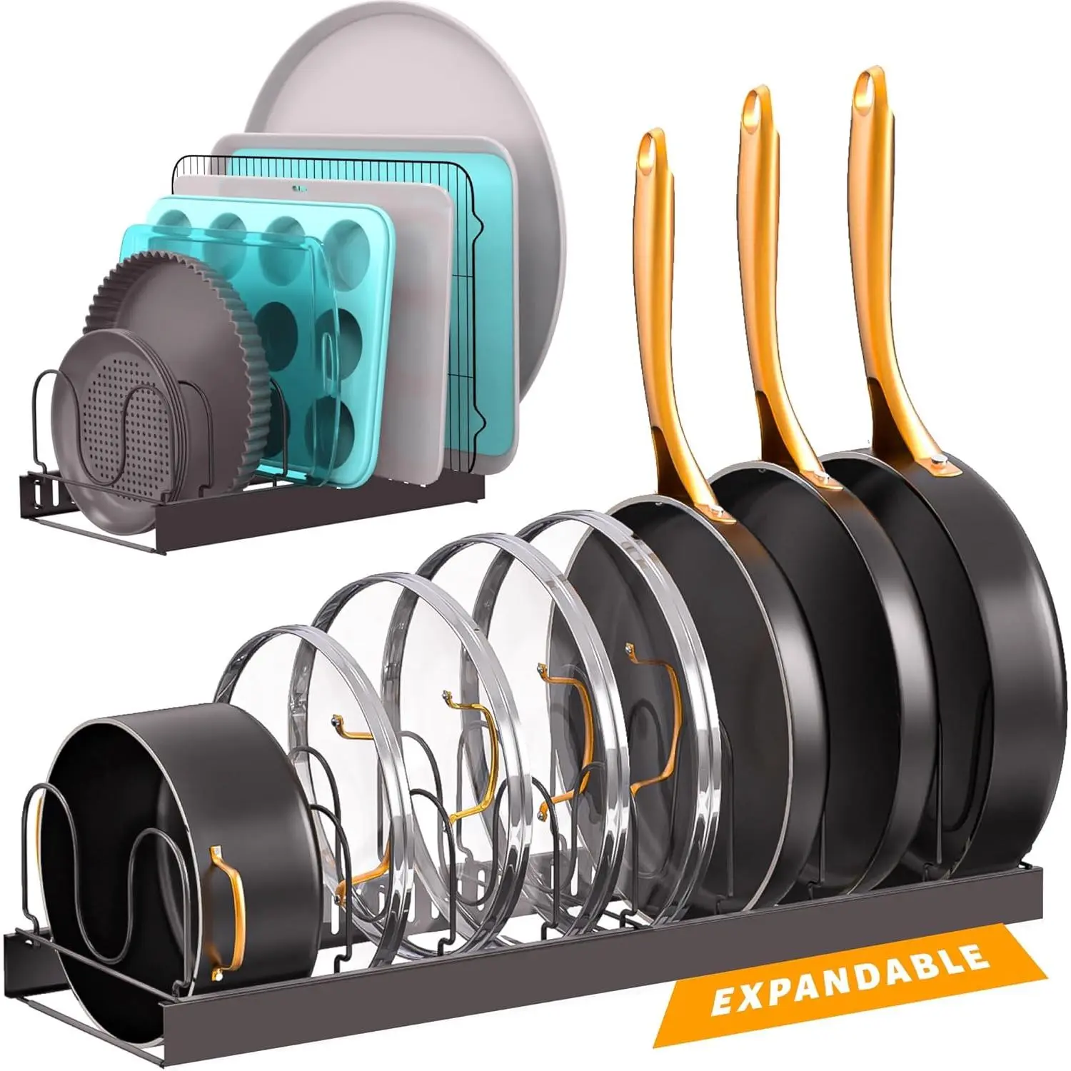 Adjustable Under-Cabinet Bakeware Rack with 11 Dividers, Multi-Use Organizer for Cookie Sheets, Baking Pans and Pot Lids