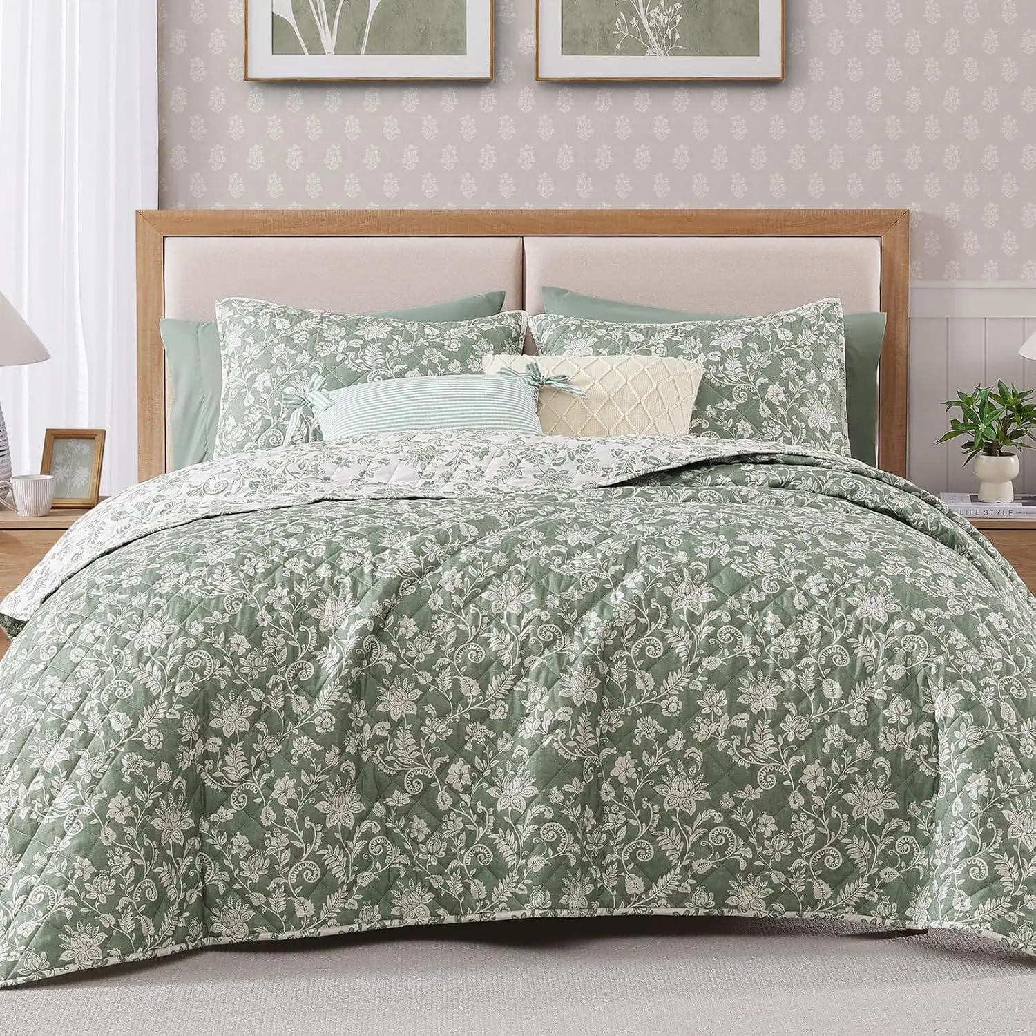 Quilt Set  Size, Green Floral Quilt Sets, Reversible Bedspread Lightweight and Breathable for  Seasons, Soft Quilted Bedspread with 2 Pillow Shams