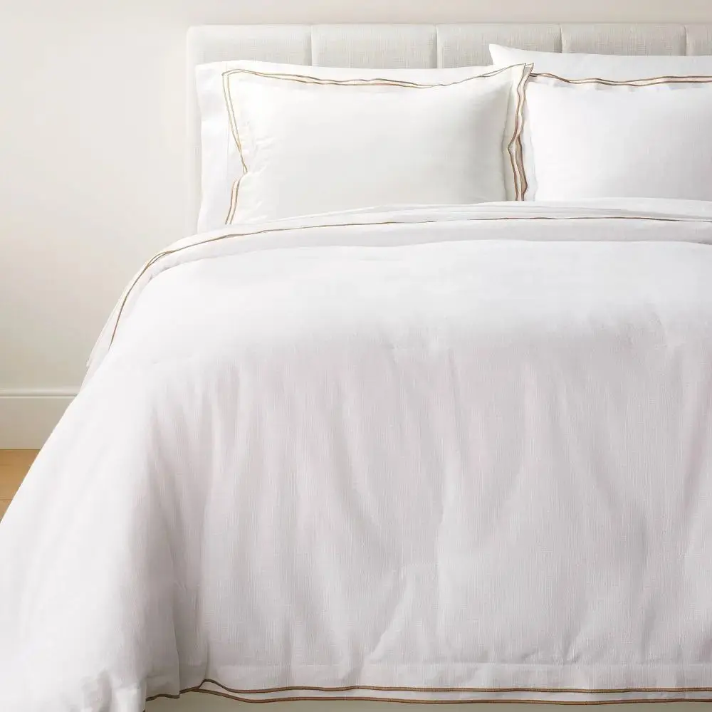 King Double Flange Merrow Stitch Comforter & Sham Set White/Camel - Threshold designed with Studio McGee: Cotton Quilted