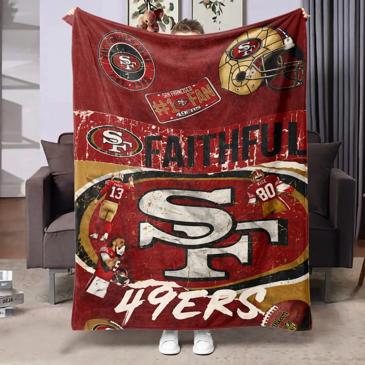 1pc San Francisco 49ers Vintage Football Fleece Blanket, Team Logo, Helmet & Player Retro Distressed Collage Print. Soft warm nap blanket for sofa, bed, office, shawl, camping trips, ideal Christmas gift.