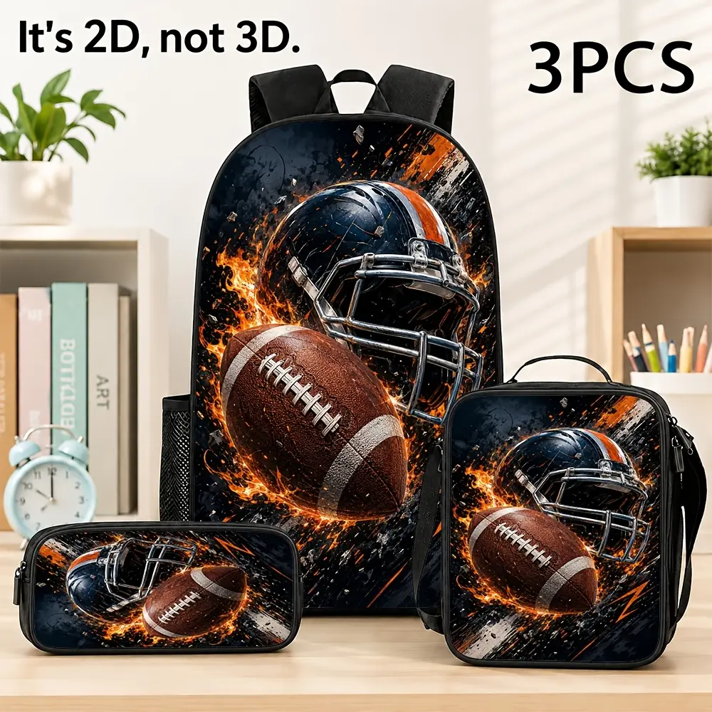High-Capacity Oxford Casual Daypack, 3pcs American Football Helmet & Ball Graphic Laptop Backpack