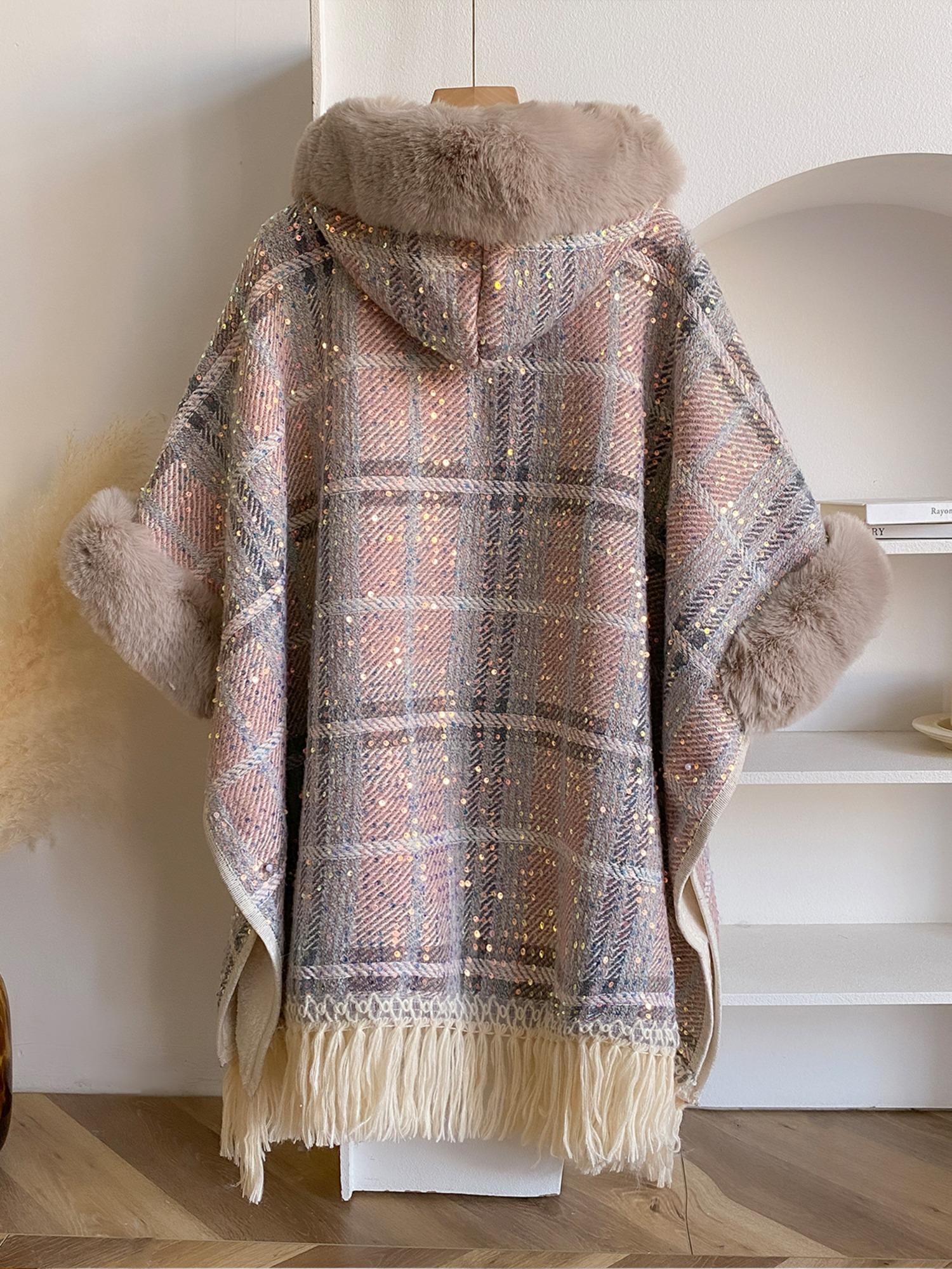 Women's Tartan Print Fur Trim Shawl Collar Cape Coat, Casual Fringe Trim Long Sleeve Open Front Outerwear for Fall & Winter, Women's Clothing for Daily Wear, Lady