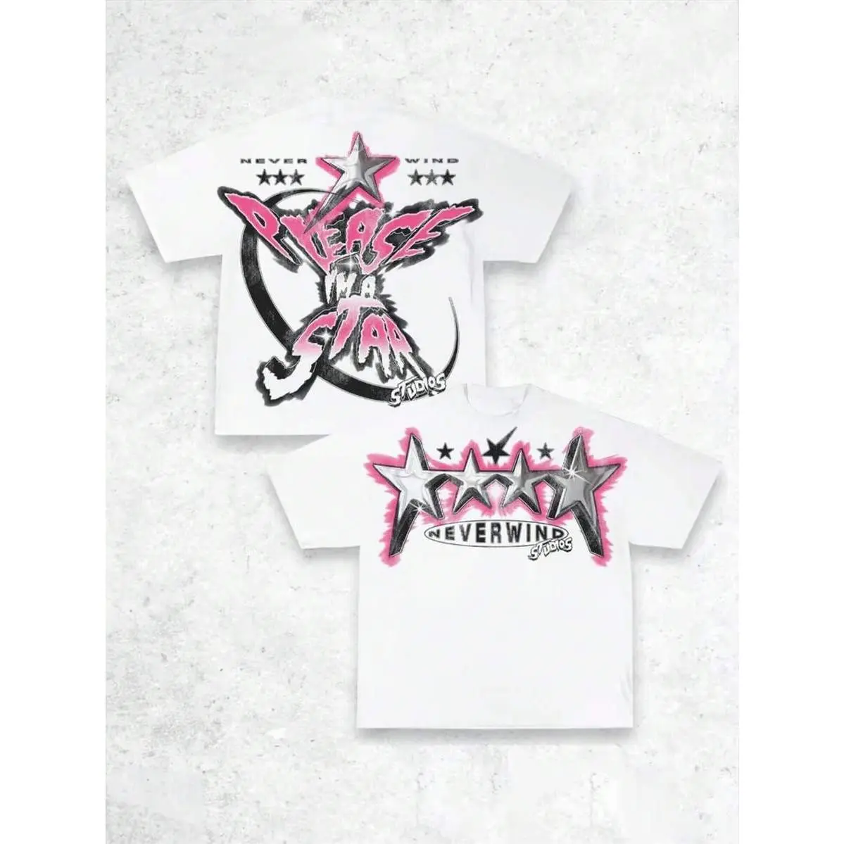 Menswear Classic Casual Vibe Short-Sleeve Solid White Street Tee, Full Double-Side Chrome Star Pink Outline Graffiti Letter Printing, Trendy Daily Top for Social Meetups, Art Events