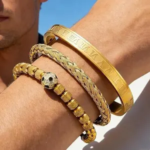 Men's 3Pcs Gold Plated Layered Bracelet Set Roman Numeral Cuff Billet Woven Bangle Iced Out Soccer Ball Charm Bead Strand Wristband Jewelry Lot