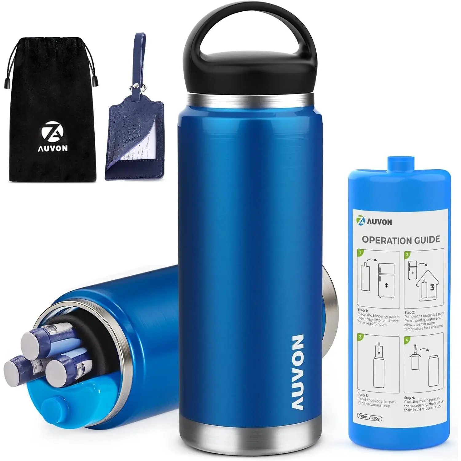 Insulated Stainless Portable Insulin Travel Case with 220g TSA-Approved Ice Pack, Compact Solid Handle, Medical Tag, Anti-Freezing Vacuum Bottle Holder for Daily Use & Trips, Insulation