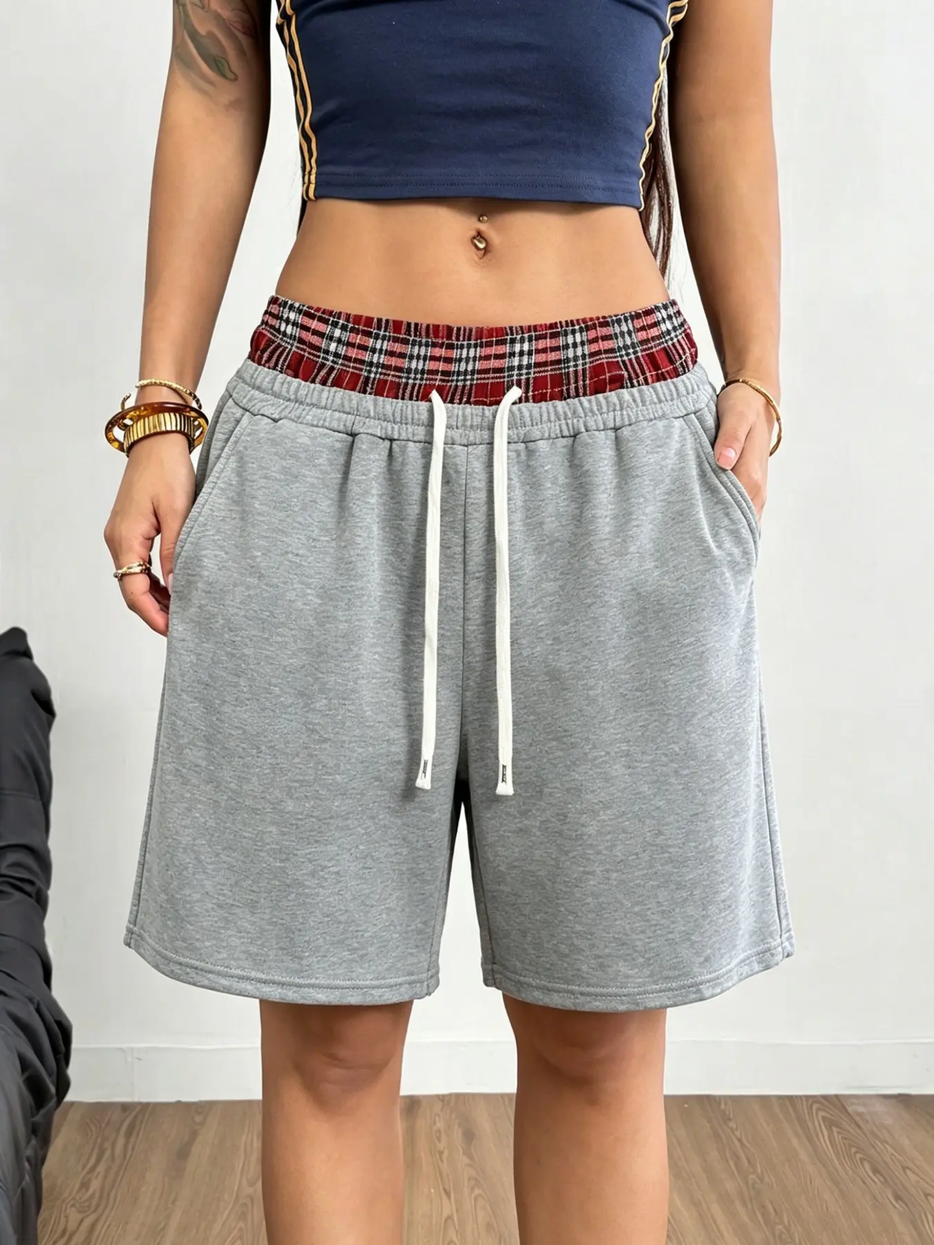 TikTok Viral Multi Color Plaid Patchwork Waist Drawstring Adjustable Bermuda Sweat Shorts, Elastic High Waist Pocket Shorts, Y2K Preppy Casual All Season Lounge Shorts for Daily Club Festival, Trendy Streetwear Bottoms for Ladies