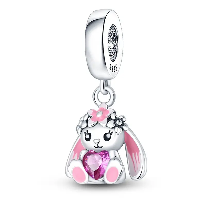 925 Sterling Silver Rabbit Charm with Heart Motif, Hypoallergenic Animal Jewelry for Bracelets, Unisex Gift Item