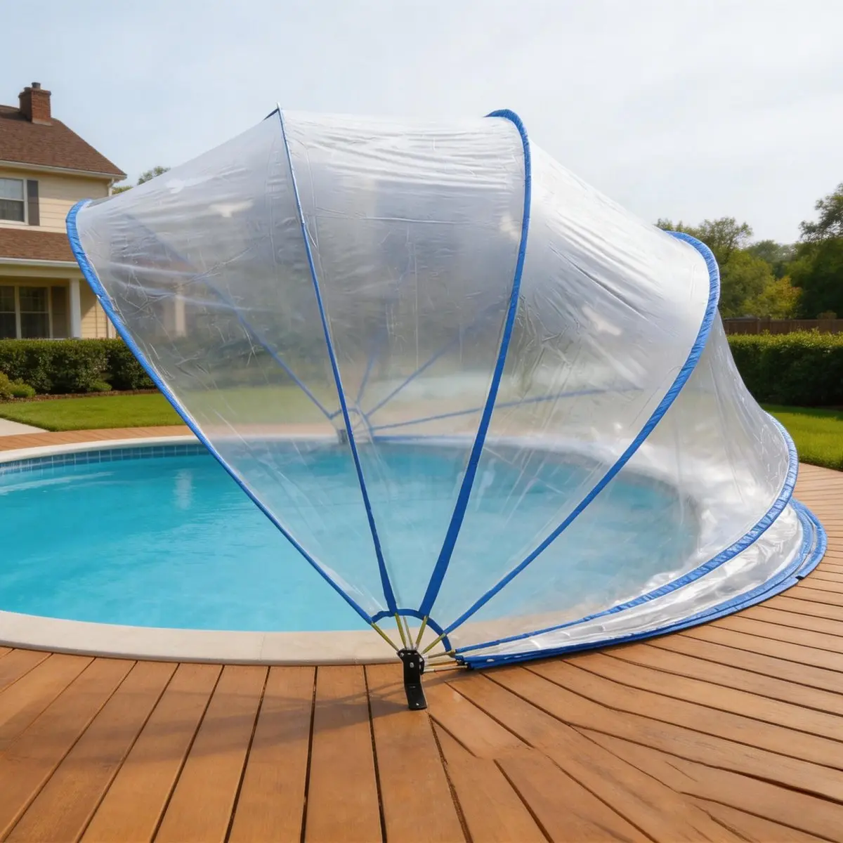 Blue PE Transparent PVC Retractable Dome Above Ground Pool Cover, 216x216x108 Inch Round Solar Heating Pool Canopy, Easy Fold UV Resistant Debris Protection Pool Enclosure for Outdoor Round Swimming Pools