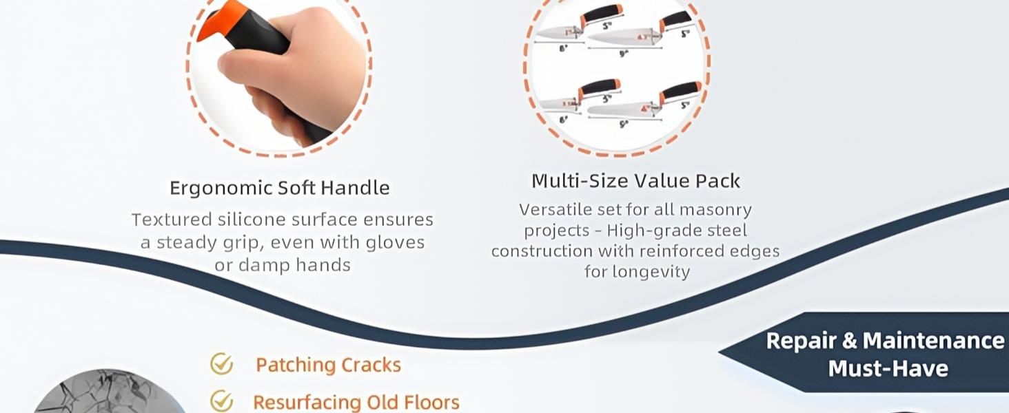 4 Pack 6" Masonry Hand Tool Set, Pointing Trowel Gauging Trowel Set with Rubber Grip, Carbon Steel Masonry Brick Trowels, Bricklaying Trowels for Concrete Cement Plaster Mortar Stucco Tile