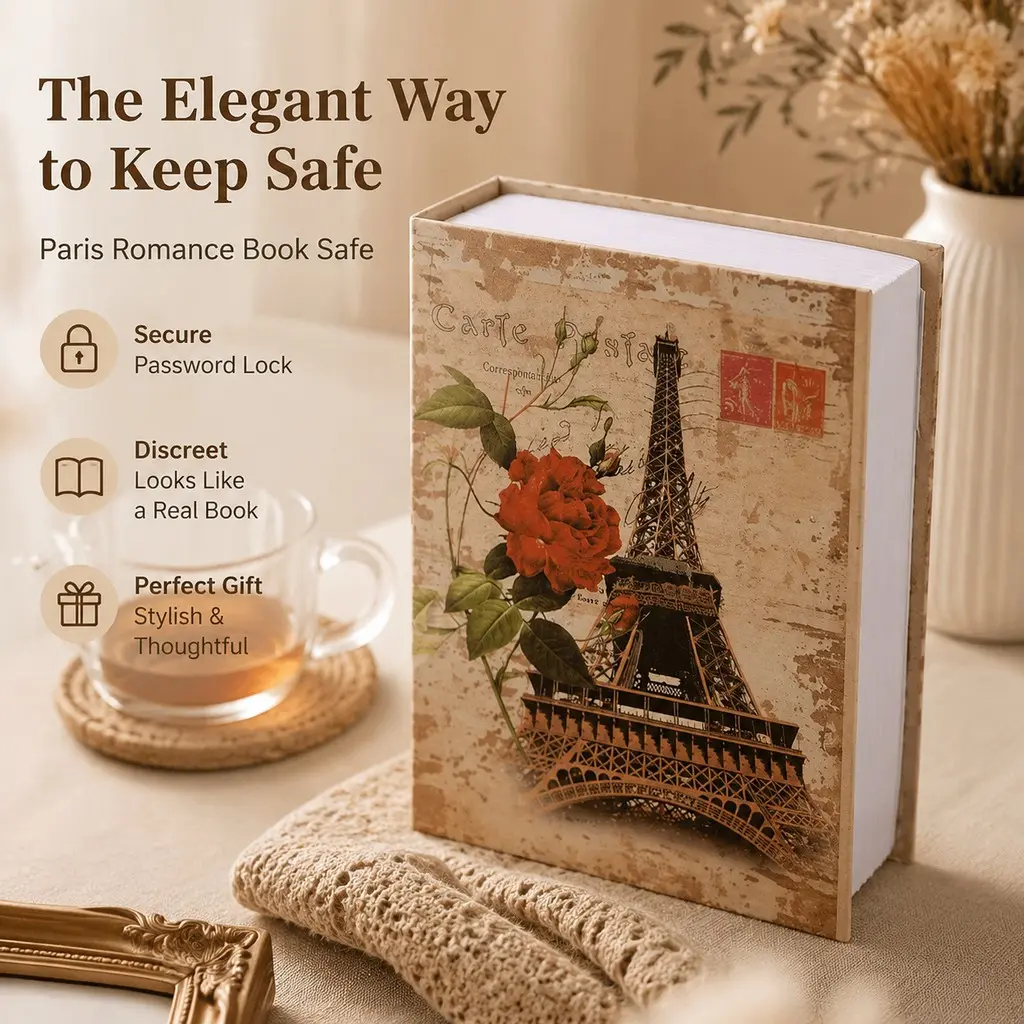 Book Password Box, Diversion Book Safe, Dictionary Confidential Box, Combination Lock, Fake Book Money Box, Hidden Storage Organizer, Eiffel Tower pattern, Hidden Safebox