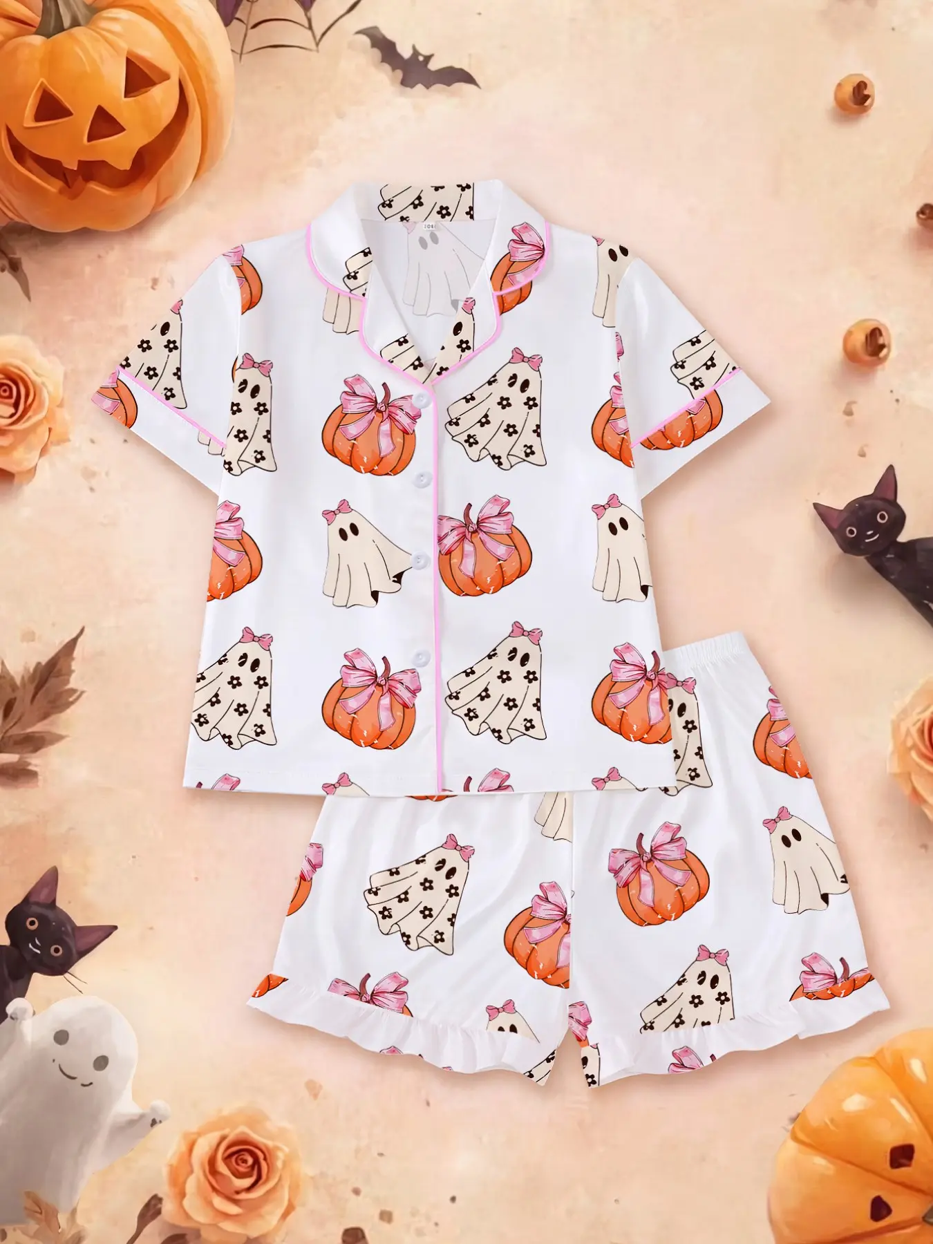 Halloween Pajamas Set, Cute Ghost Pumpkin Print, Fitted Short Sleeve Top & Ruffle Shorts, Soft Kids Sleepwear, Party