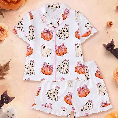 Halloween Pajamas Set for Kids, Cute Ghost Pumpkin Print Fitted Short Sleeve Top & Ruffle Shorts, Soft Sleepwear for Party