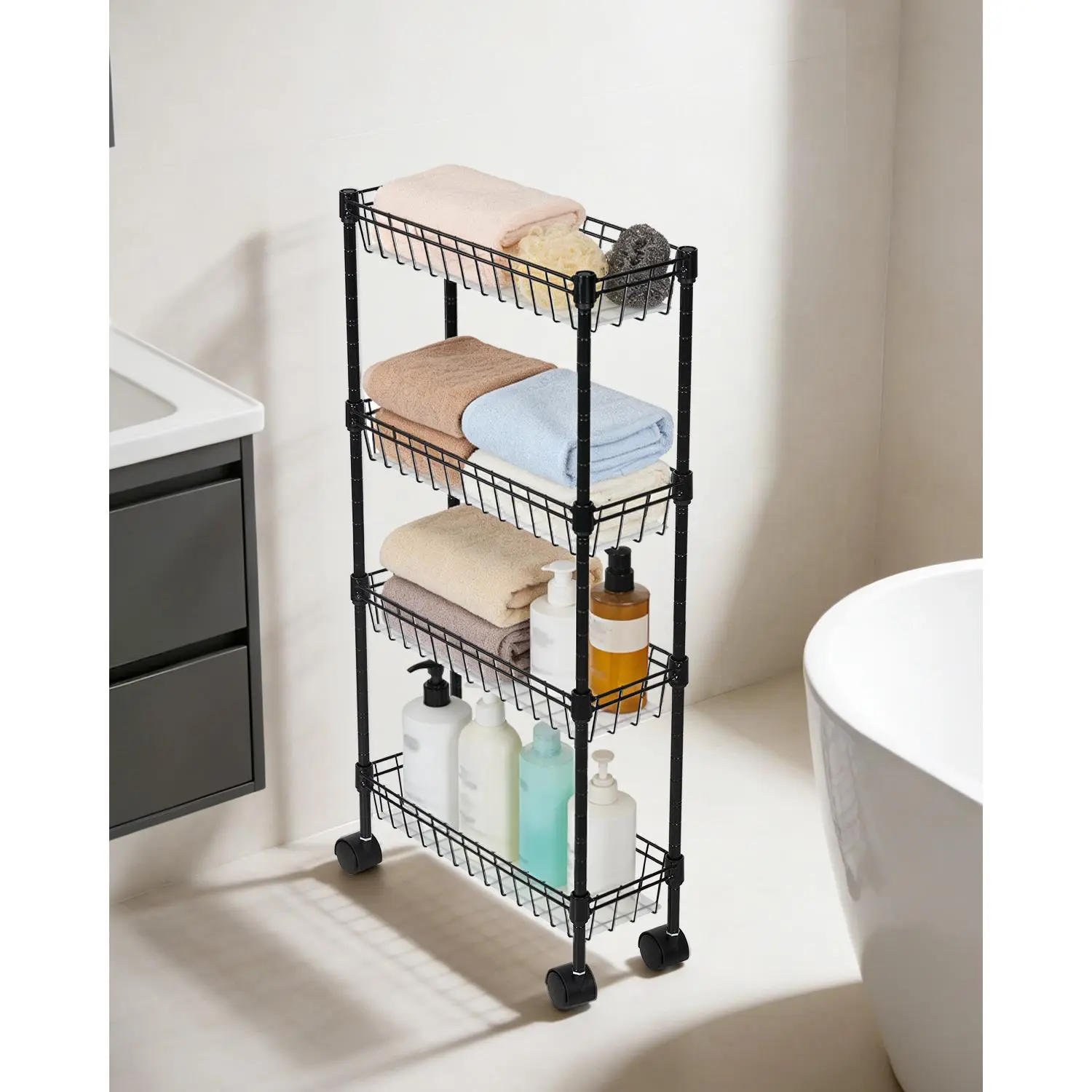 Slim Metal Rolling Storage Cart, 4-Tier Utility Organizer Shelf with Lockable Wheels, Space-Saving Storage Solution for Office, Kitchen & Bathroom, Durable Steel Push Cart, 4-Tier Black