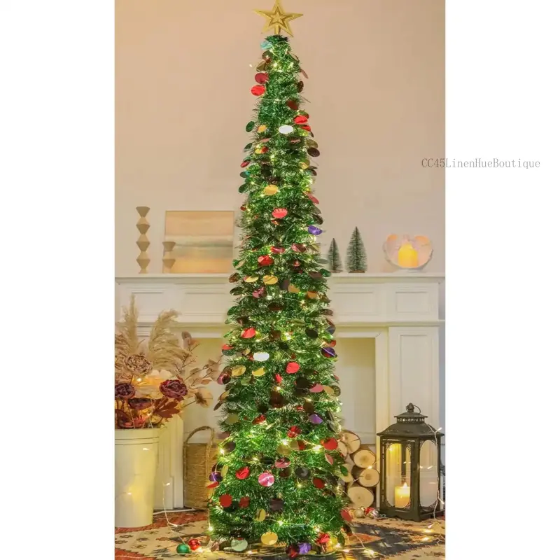 6 FT Pop Up Christmas Tree with 100 LED Timer Lights & Remote, Green Collapsible Christmas Tinsel Tree Artificial Pencil Tree Xmas Decoration for Holiday Home Office Party, USB PoweredCC45LinenHueBoutique