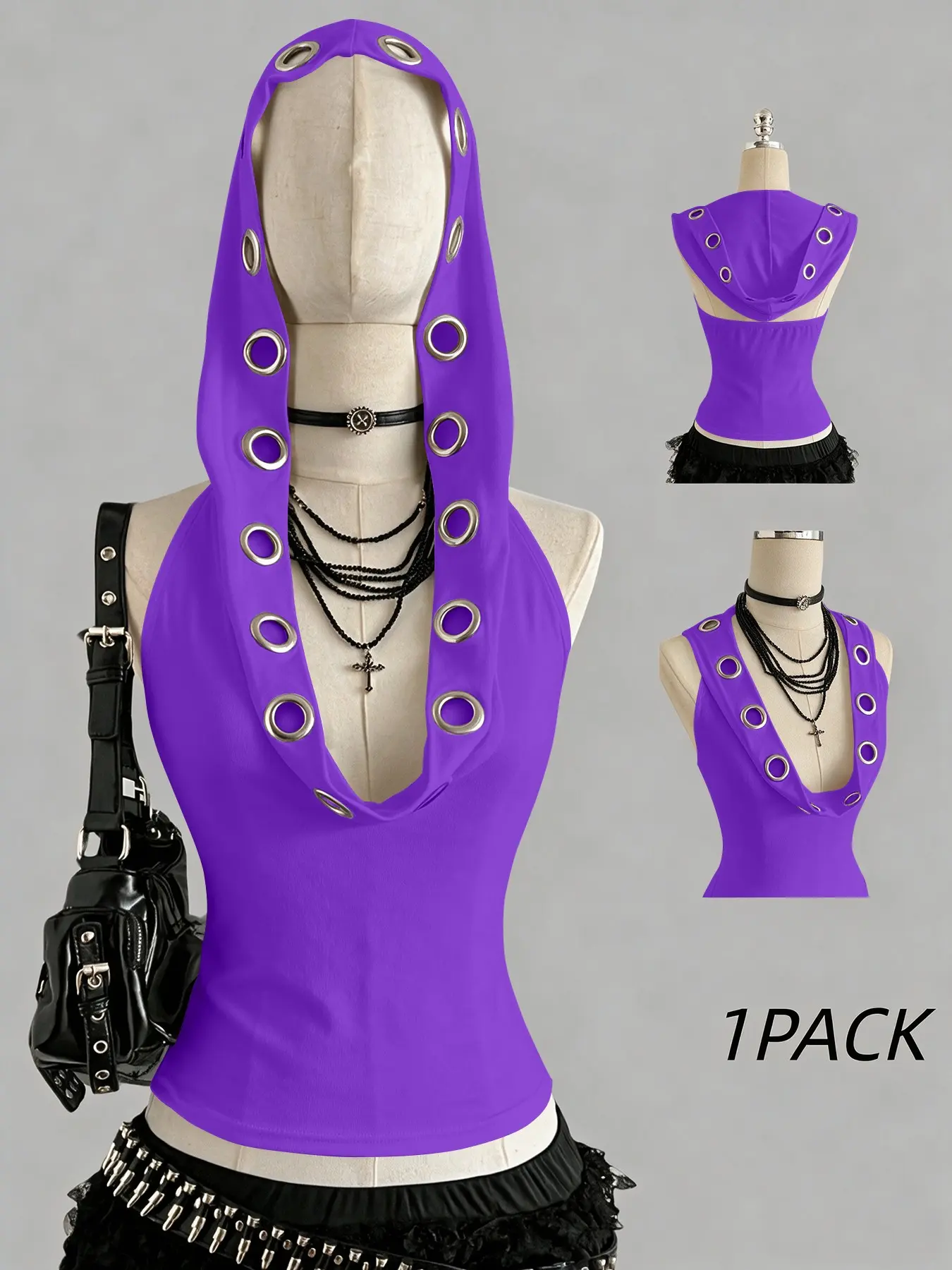 Millennial Punk Aesthetic Style Sleeveless Hooded Top, Pierced Detail Halter Tank, Slim Fit Solid Gothic Shirt, Perfect for Streetwear