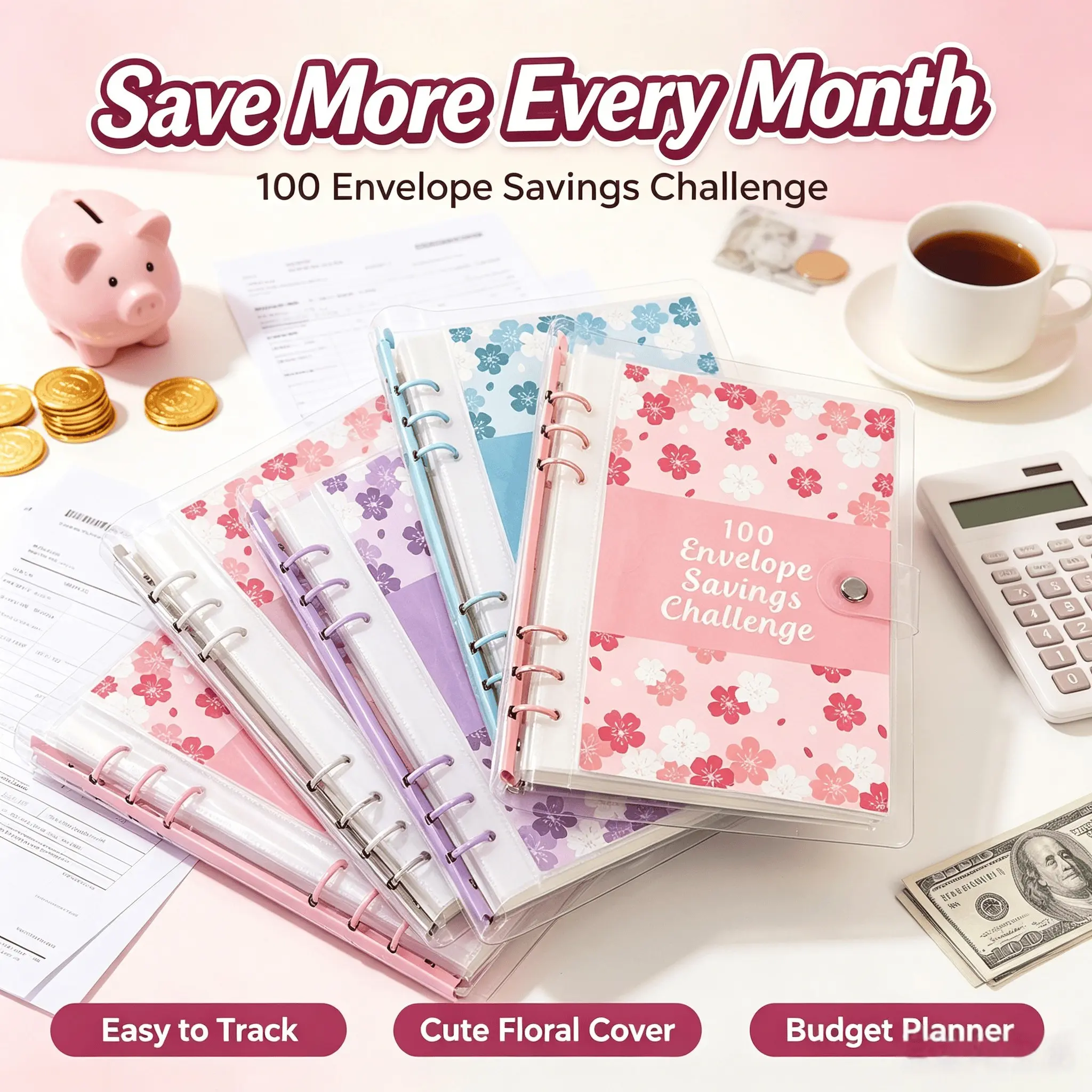 A6 Floral Sakura Cash Saving Organizer, 100 Envelopes, 6 Ring Loose Leaf, PVC Cash Pockets, Budget Tracker for Couples, Envelope Savings Books