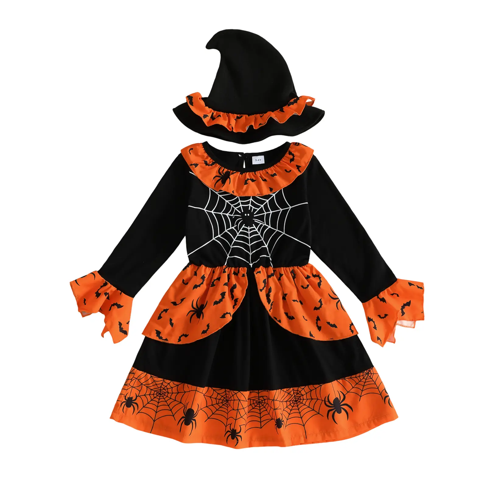 Toddler Baby Little Halloween Girl Witch Costume Long Sleeve Crew Neck Dress and Pointed Hat Fall 3-10 Years