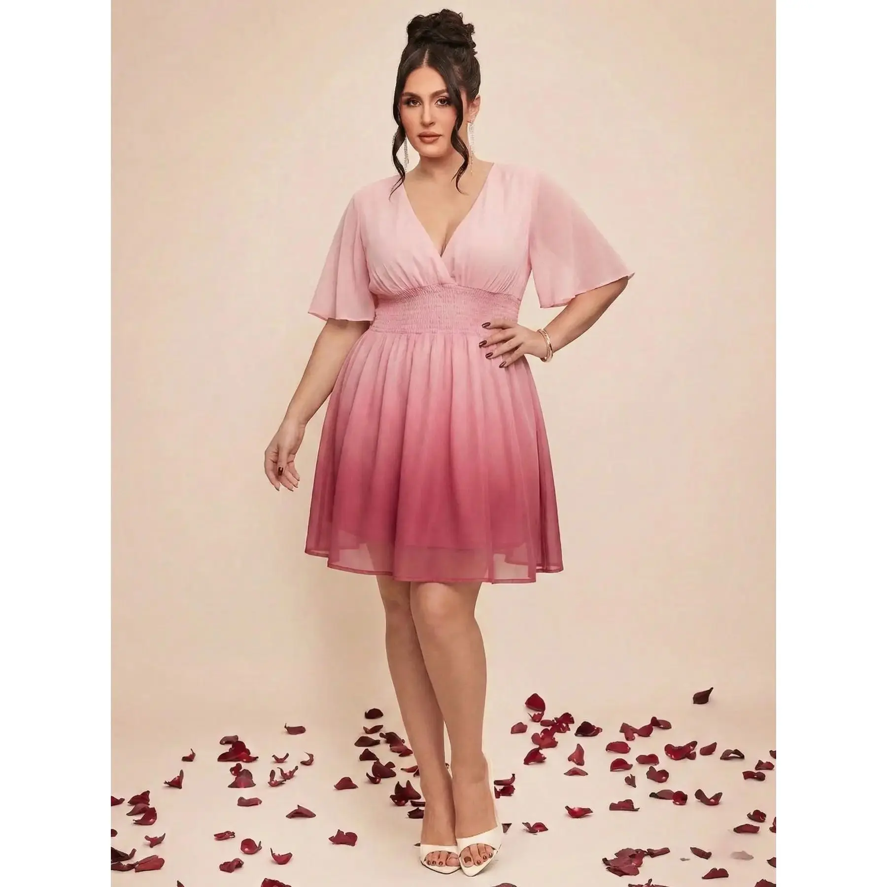 Curvy Girl High Waist Pink Ombre Skater Dress,Flowy Lightweight Chiffon Flutter Sleeve Prom Dress,Plus Size Womenswear Gradient Formal Gown for Wedding Guest