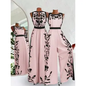 Elegant Aesthetic Colorblock Floral Plant Print Lady Jumpsuit, Sleeveless Waist Cinched Wide Leg Pants, Casual Fitted Knit Romper Womenswear, Easy Wear, Soft Touch, Daily Wear, Slim Fit, Slimming Style