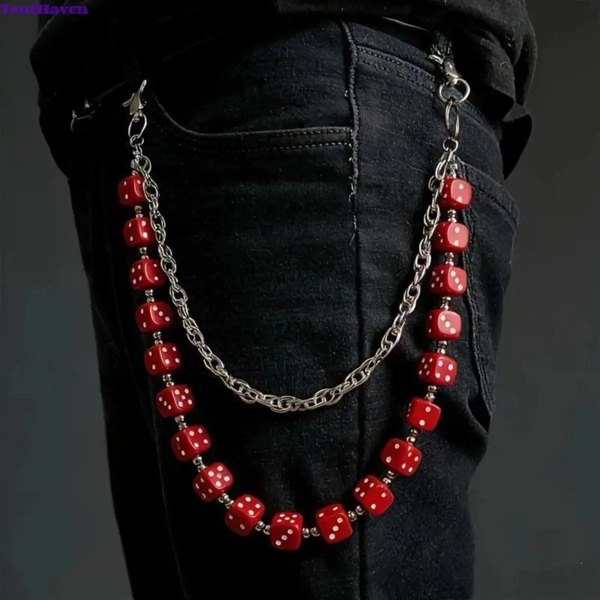 Unisex Double-Layer Acrylic Dice Hip Hop Waist Chain Accessory - Street Wear Punk Look, Detachable Clasp, All-Season Body Jewellery for Daily Outfits & Graduation Gifting (Sports & Outdoor Accessory)