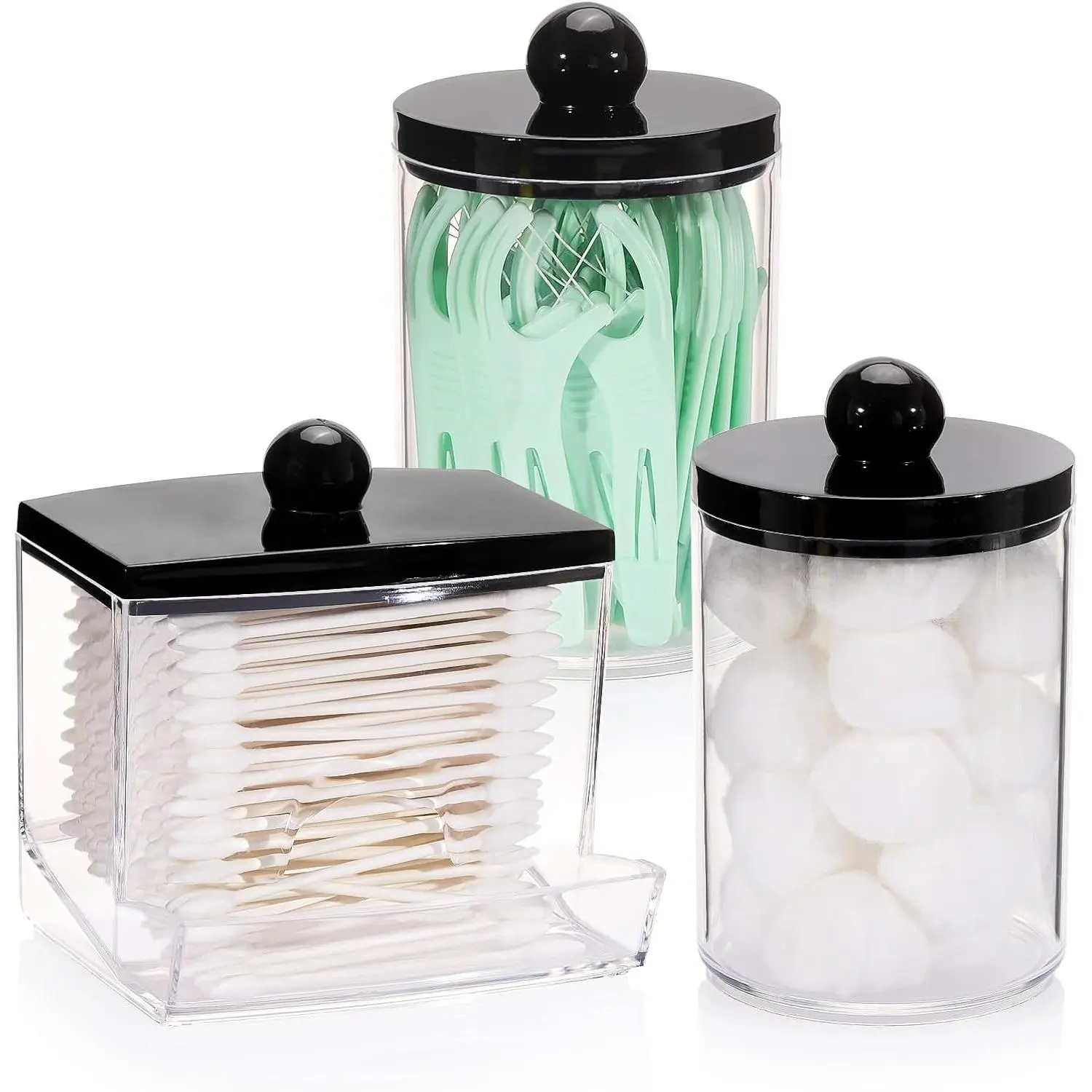 10oz Plastic Apothecary Jar with Black Lid - Cotton Ball Holder, Qtip Canister, Bathroom Storage Organizer for Cotton Swabs, Pads