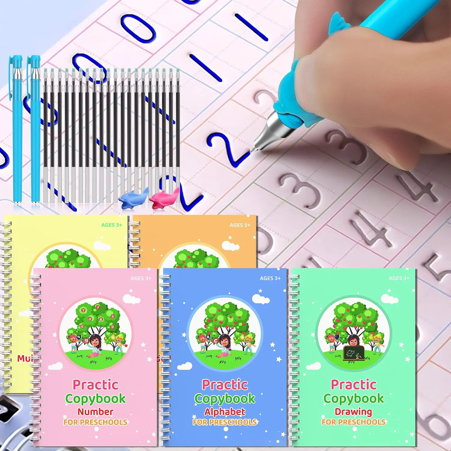 Magic grooved Writing Practice Books  for Beginners, 5 Books, 2 pens, 2 Pencil Grips, 20 Refills. grooved Handwriting Practice for  3-10,  grooved Handwriting workbooks.