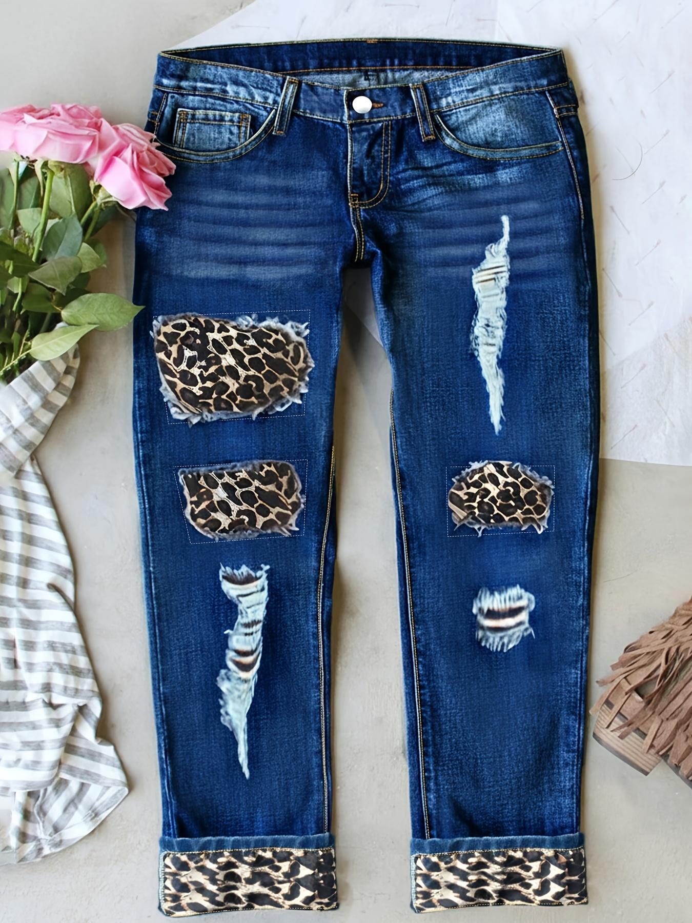 MHZ washed blue leopard print patchwork skinny jeans with multiple holes, buttons, built-in zipper closure, high waist, slim fit, casual and durable, street style, suitable for all seasons, women's plus size jeans