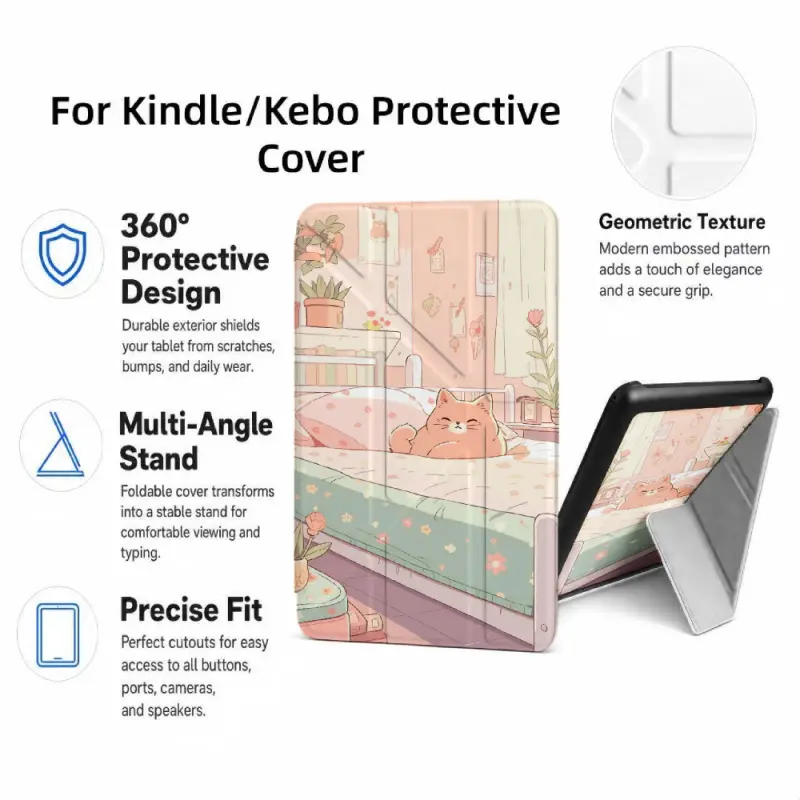 For Kindle/Kobo/Tolino Case, with stand Cute Cat Bedroom Scene for New Kindle 11Th 2019, for Kindle 11th Generation Case for Kindle 11Th (2022/2024), 6-Inch, 7-Inch Kindle Paperwhite 12Th Generation 2024 Vision Color (2024) /Vision 6 (2021）/Shine Color (2