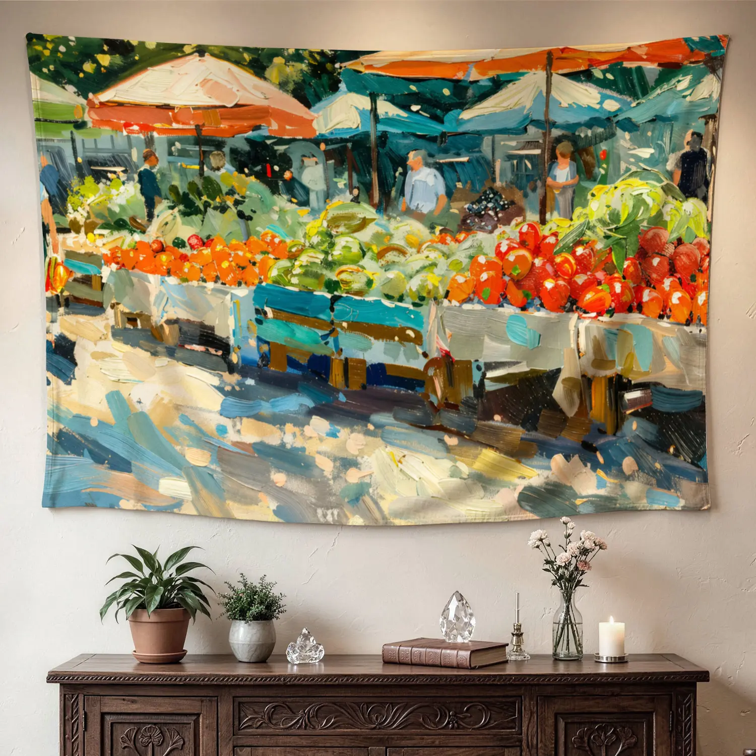Oil Painting Style Vegetable Market Artwork Print Tapestry - Large Horizontal Synthetic Polyester Wall Hanging Decoration, No-Installation Room Decor for Living Room, Holiday Gift for Family