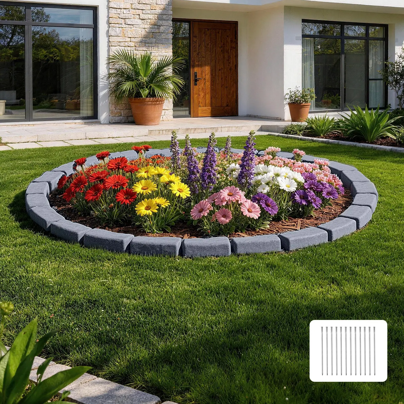 【DealsForYouDays】VEVOR Faux Stone Landscape Edging, 15.5 ft Kit, No Dig Garden Edging Border, Blocks for Lawn, Flower Beds, Yards, 4 Pack Each Section Has 6 Bricks 46.46"Lx 3.74"Wx 2.24"H, 12 Spikes End Cap, Gray