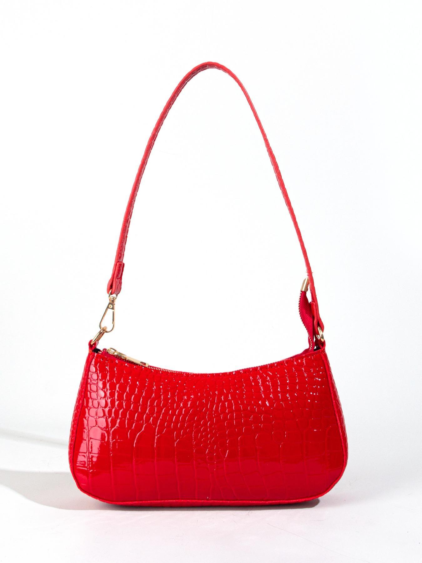 Women's Fashion Plain Crocodile Pattern Hobo Bag, Pu Leather Shoulder Bag with Adjustable Strap, Baguette Bag Gift for Girl Women, Fall Outfits, Fall Freshness