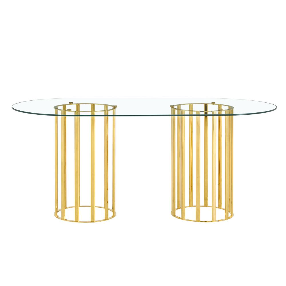 71 inch oval tempered glass dining table,black double column light luxury style,tempered glass scratch resistant and easy to clean.Suitable for 6-8 people dining, modern light luxury restaurant table.