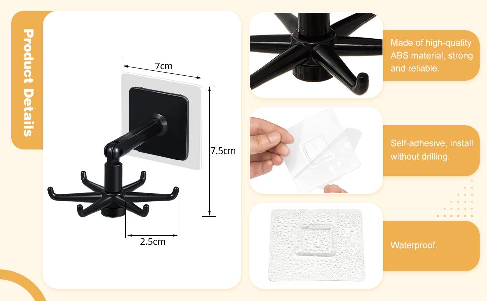 4 Pieces 360 Rotating Folding Hook Multi-purpose Hanging Utensil Holder Hook 180 Degrees Vertical Flip Self-Adhesive Hook Utensil Rack with 6 Hooks for Kitchen Bathroom Cabinet Towel (Black, White)