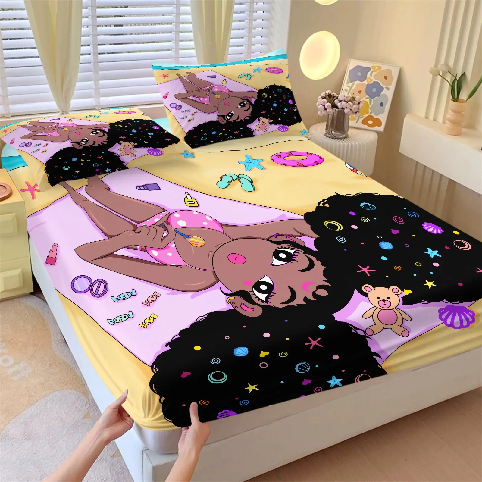 3PCS Summer Vacation Afro Girl Bear Candy Yellow Fitted Sheet Set (1 Fitted Sheet + 2 Pillowcases, No Pillows Included),Soft Breathable Fabric,Deep Pocket Anti-Slip Design,HD Digital Printing,Y2K Coquette All Season Bedding For Girls
