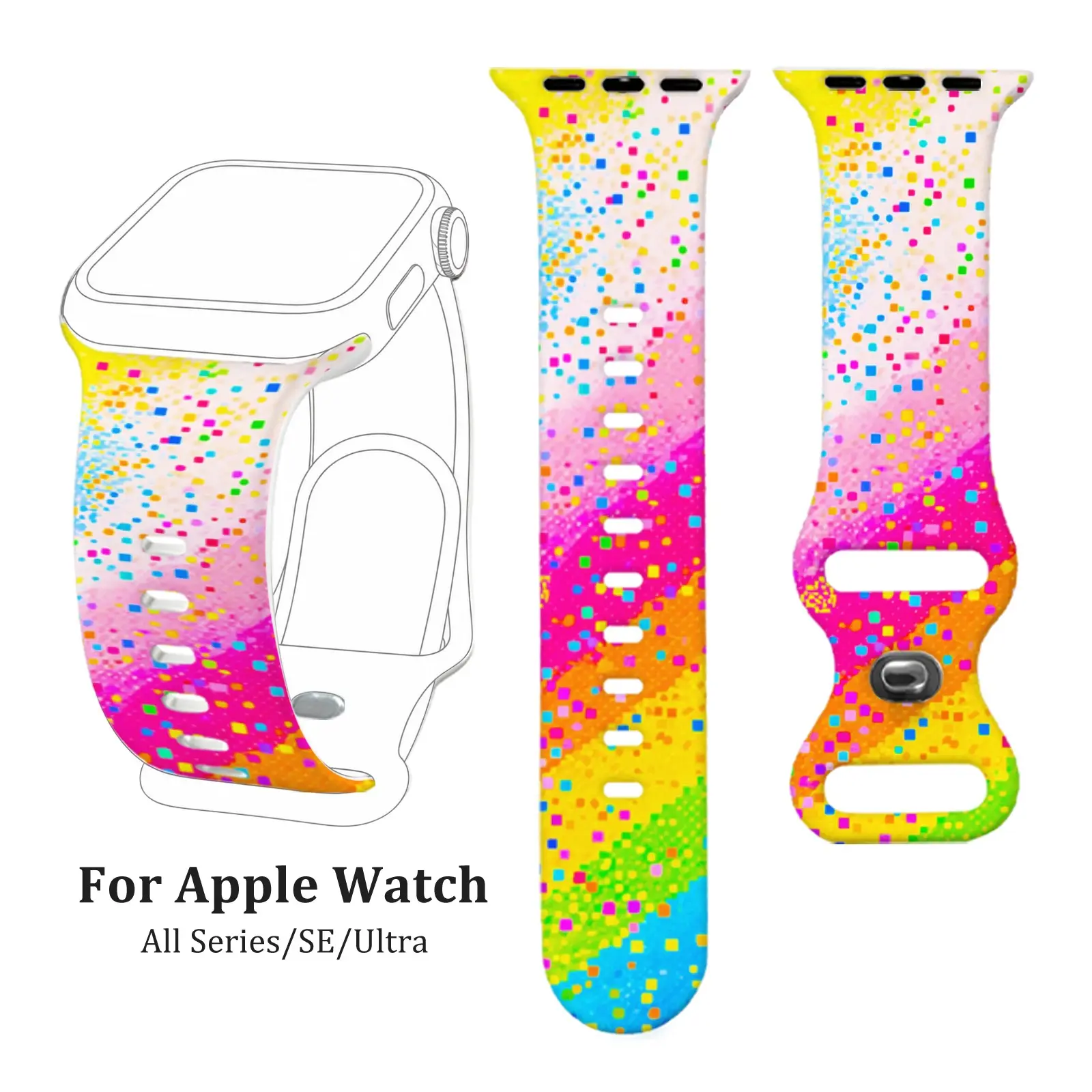 Rainbow Gradient Pixel for Apple Watch Women Men, Soft Silicone Sweat Resistant Easy to Clean Colorful Candy Strap Compatible with Apple Watch Series 4-10, SE1/2, Ultra1-3, Fun Sport Band, Smartwatch Accessories, Replacement Straps
