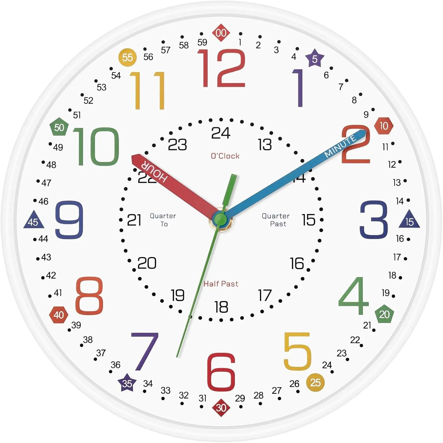 10 Inch Student Learning Wall Clock - Silent Non-Ticking Educational Teaching Clock for Classroom Walls & Bedrooms - Colorful Analog Time Telling Clock with Visual Learning System