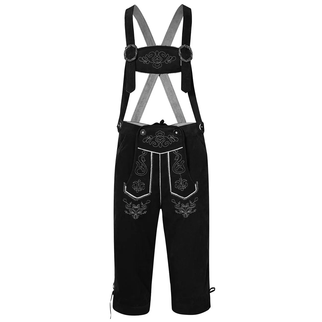 Men Oktoberfest Faux Suede Cropped Lederhosen with Suspenders, Vintage Floral Embroidery Metal Buckle Overalls for Beer Festival Cosplay Party