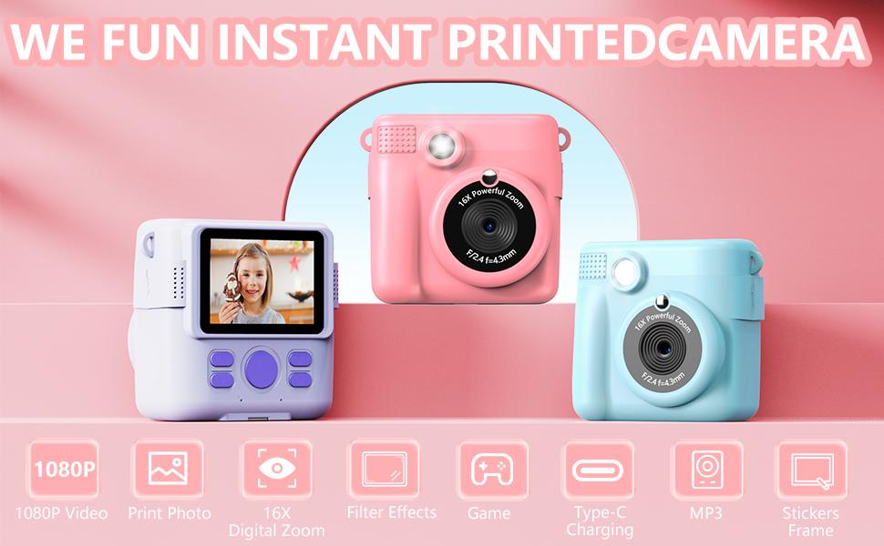 Kids' Compact Instant Print Camera - 1080P HD Digital Video Camera, 3-12 Age Christmas/Birthday Gifts, 3 Rolls Photo Paper, 32GB Card, Lanyard, Type-C USB, Colorful Pens, Large Screen, Soft Plastic Portable Toy - Blue
