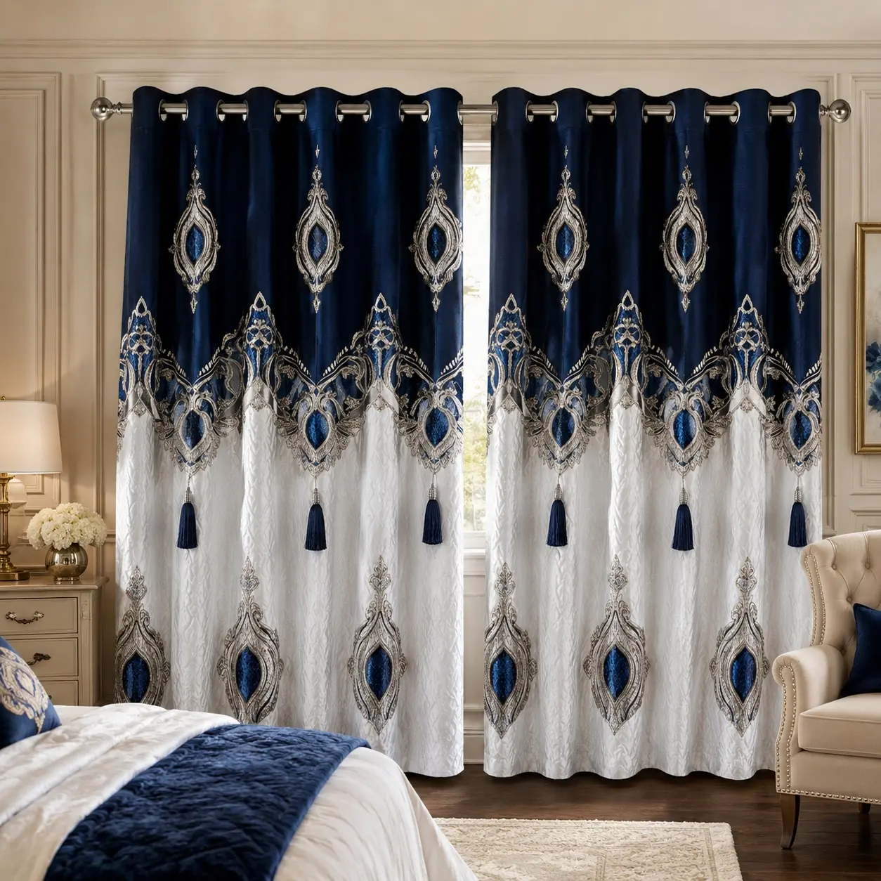 Non-Customised Striped Navy Blue Polyester Rod Pocket Curtain Panels - Durable, Dustproof, Fade-Resistant, Machine Washable Home Decoration Curtains for Living Room