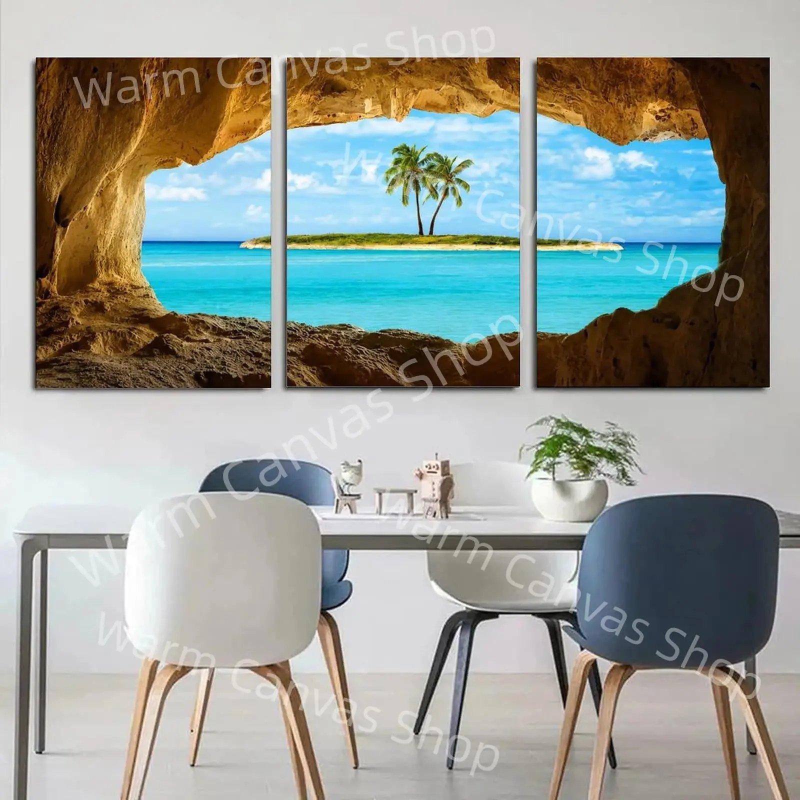Tropical Cave Ocean View Triptych Canvas Wall Art, Turquoise Beach Palm Island Aesthetic Poster, Coastal Living Room Decor, Bedroom Wall Art, Office Wall Decor, Vacation Style Gift