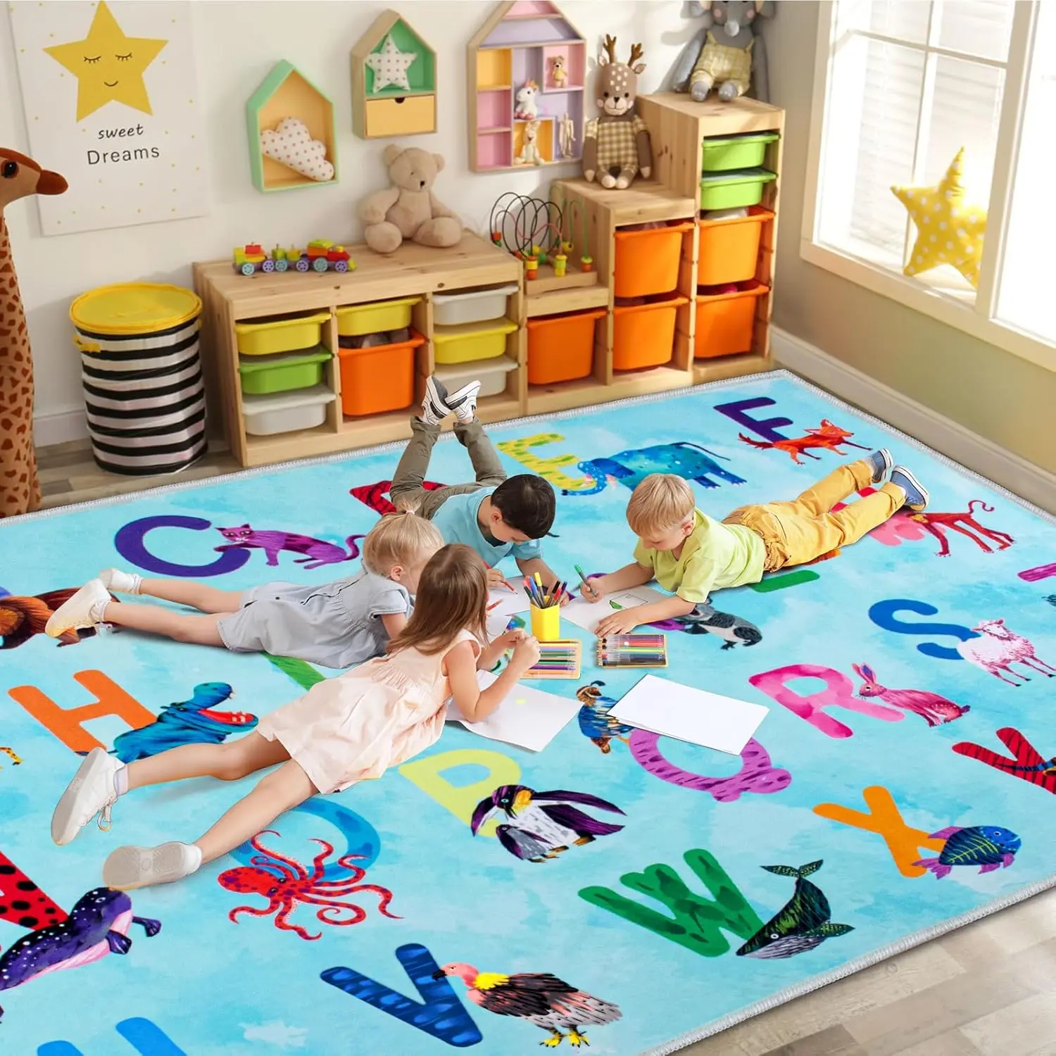 Classroom Rug Elementary, 3x5 Alphabet Rug, Light Blue | Machine Washable Classroom Carpet for  Playroom, Non-Slip  Rug for    Bedroom