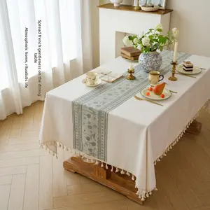 French Vintage Style Flowing Deer Call Su Cotton and Linen Tablecloth, Pastoral Beige Dining Tablecloth, Light Luxury Atmosphere Home Dining Table Cover, Home Afternoon Tea and Wedding Dining Table Decorative Fabric in Multiple Sizes