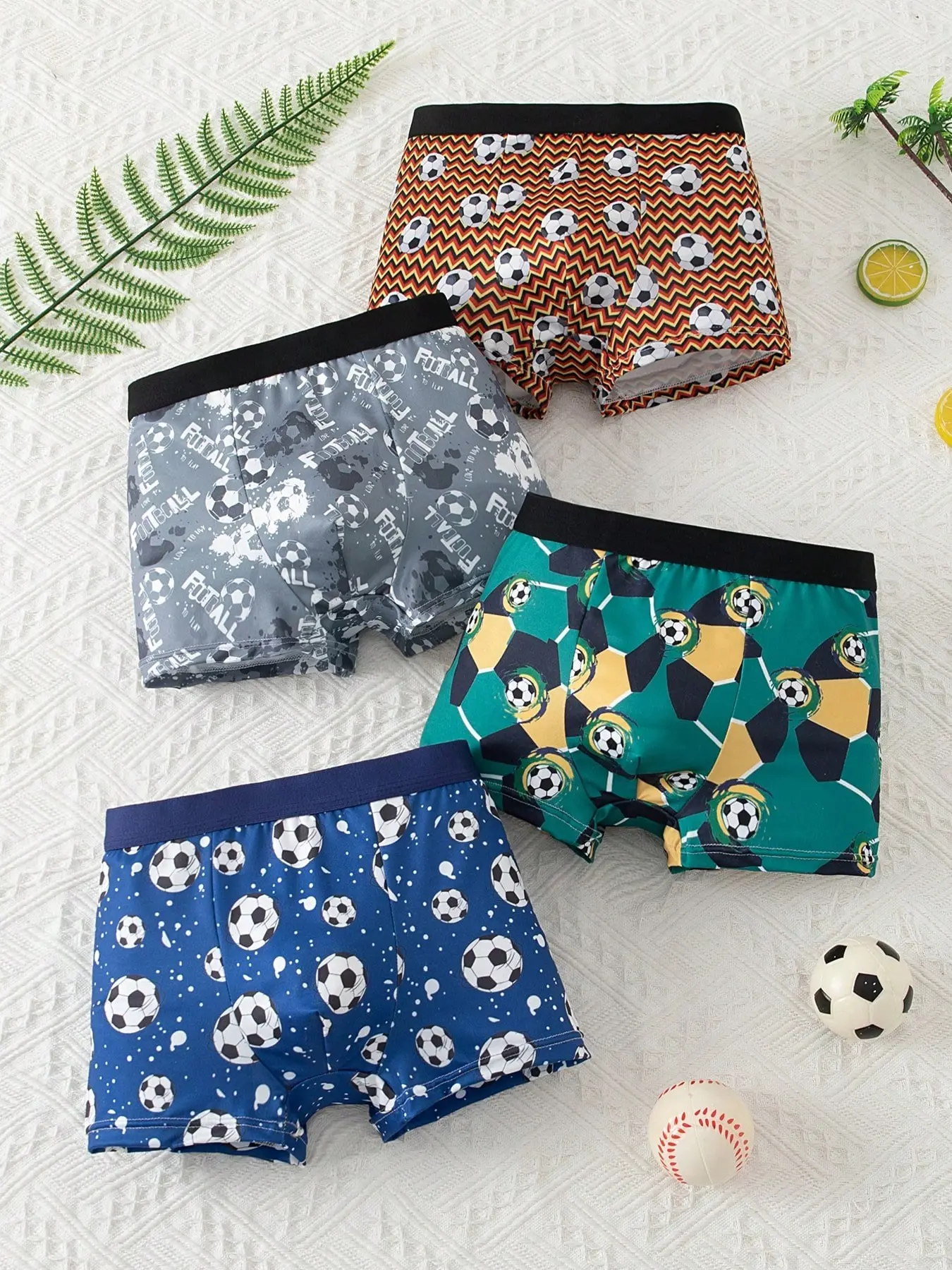 4-Pack Boys' Comfortable Underwear, Football Cartoon Print, Soft and Cozy, Perfect Fit, Ideal for Daily Wear, Cute Style, All Seasons, Printed Underwear