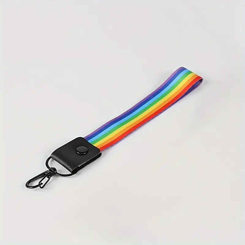 2 Pcs Rainbow Stripe Wrist Lanyard - Short Keychain Strap with Leather Accent & Metal Clasp, Anti-Lost Hand Strap, Cell Phone Lanyard for Keys, Phones & Bags