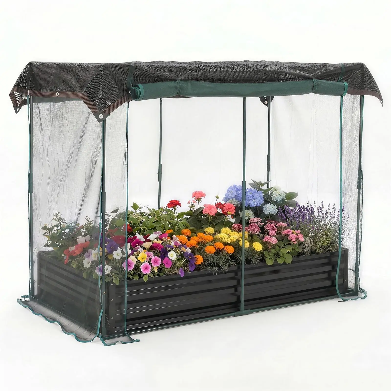 Galvanized Raised Garden Bed with Crop Cage and Shade Cloth Roof – Outdoor Metal Planter Box with Zippered Doors, Animal Barrier, and Protection Net – Ideal for Vegetables, Herbs, Flowers