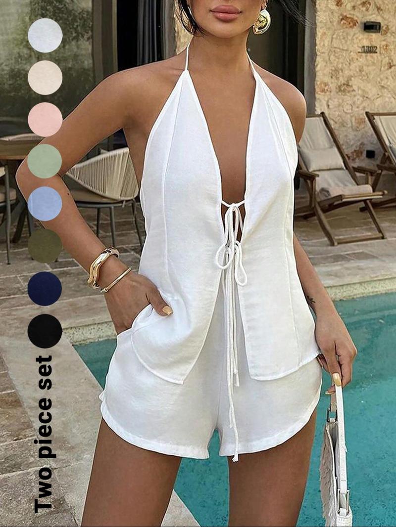 Women's Solid Color Tie Back Top & Shorts Set, Casual Fashion Chic Two-piece Outfits for Summer, Ladies Clothes for Beach Holiday Vacation, Womenswear
