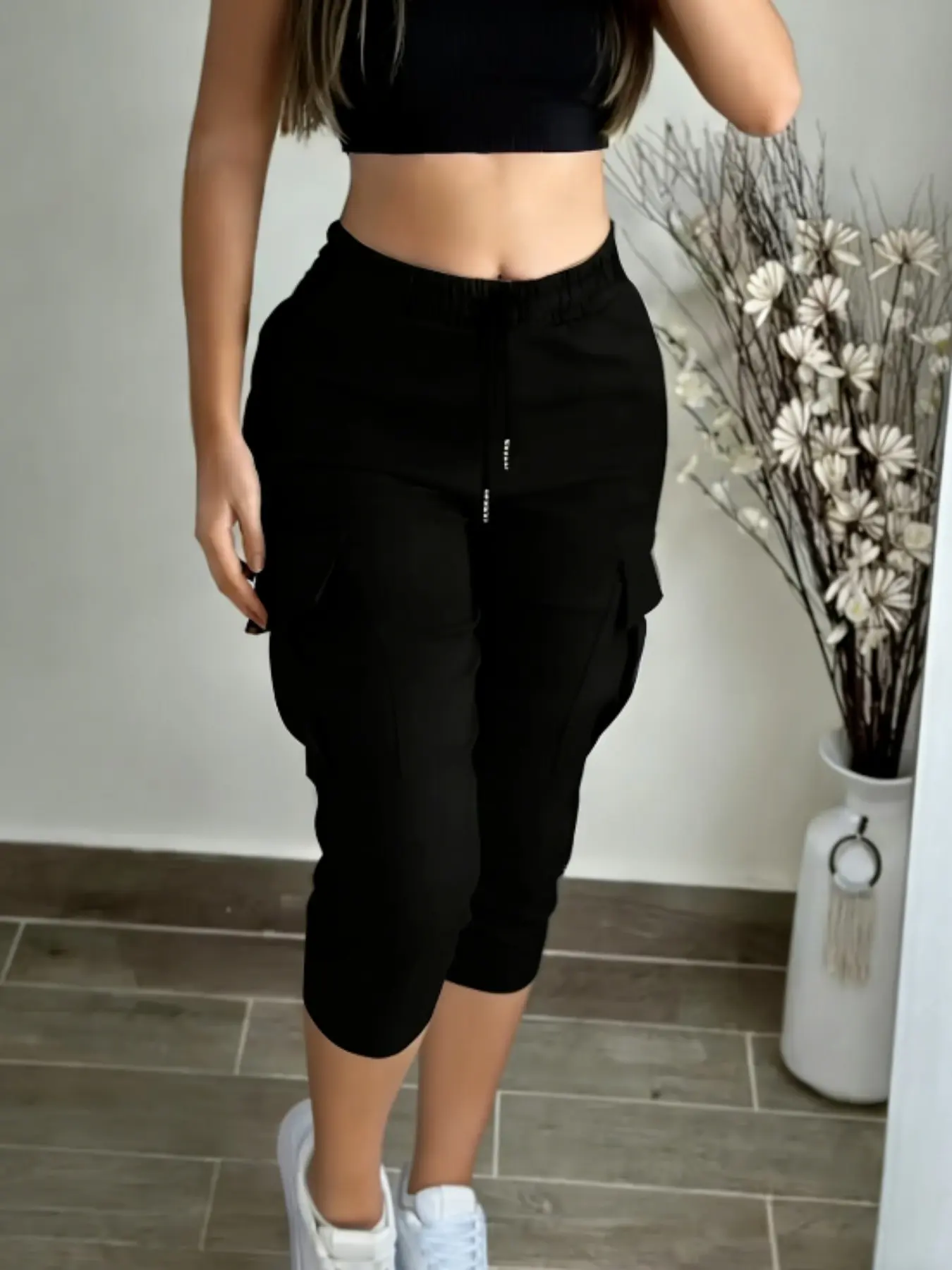Elastic Drawstring Waist Dual Side Large Pockets Loose Fit Slimming Casual Cargo Pants, Seven-Part Workwear Leggings