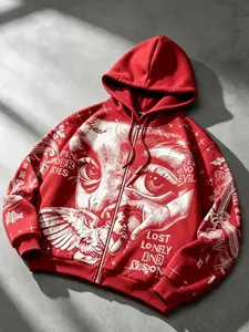 Popular graffiti retro angel eyes print men's hoodie red zipper sweatshirt, praying angel wings street women's hooded zipper cardigan sweatshirt autumn and winter velvet warm coat men's jacket 2026 new Y2K sweatshirt men's daily rock and roll hip hop