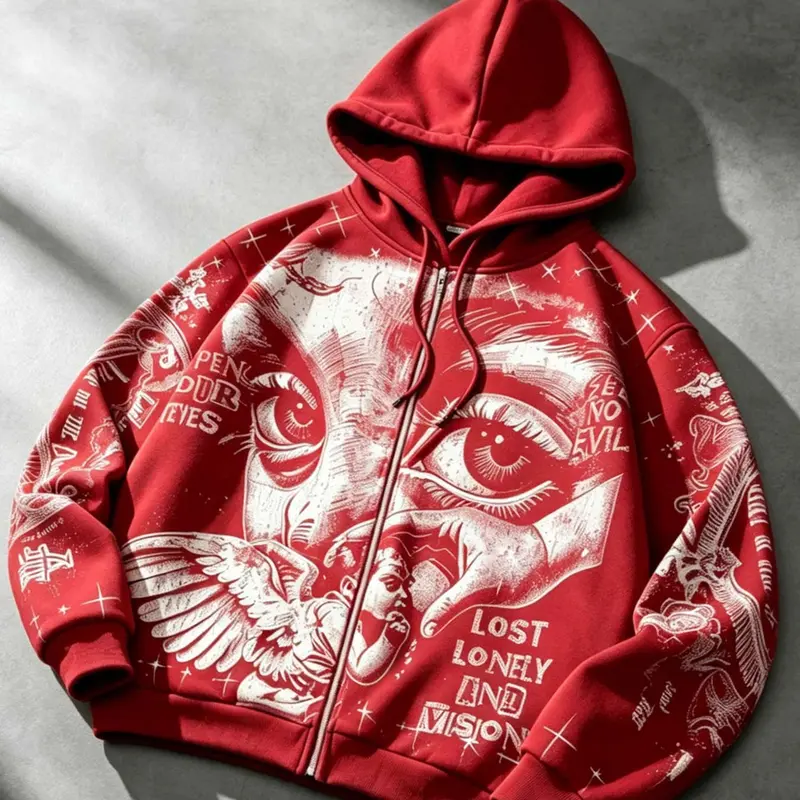 Graffiti Angel Print Y2K Zip-Up Premium Printed Hoodie, Vintage Hooded Sweatshirt, Unisex Autumn Winter Fashion Streetwear
