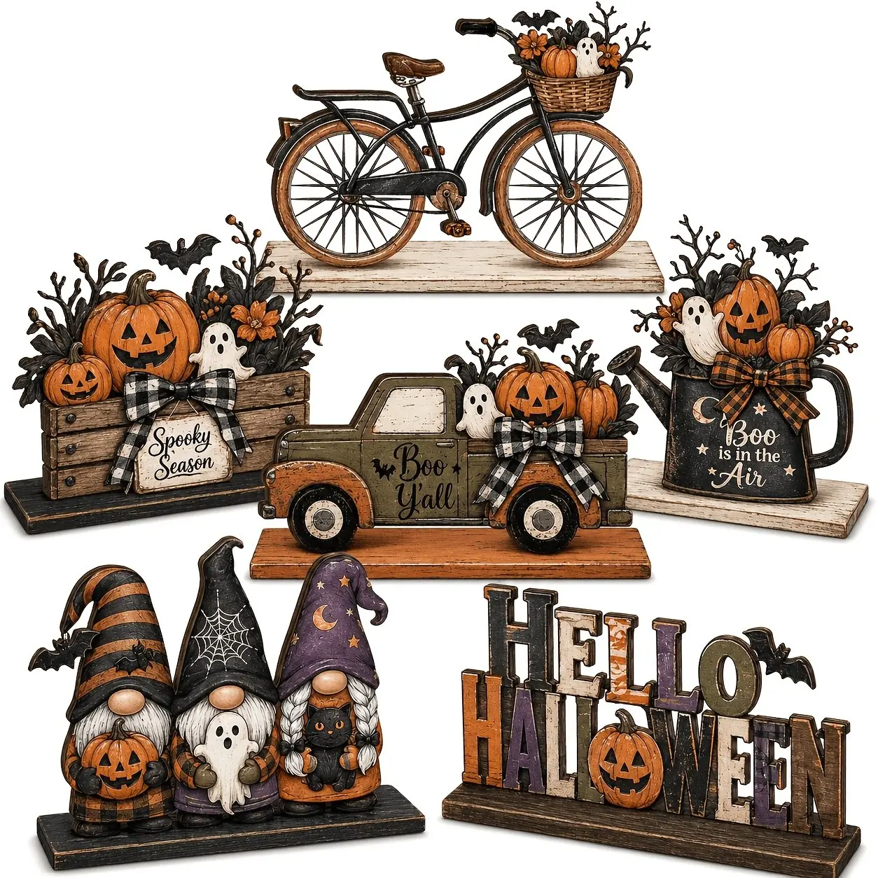 6-Piece Halloween Wooden Table Decor Set, Fall Wood Desk Centerpiece, Farmhouse Style, Goblin, Truck, Ghost, Bike Designs, Office, Kitchen, Bedroom
